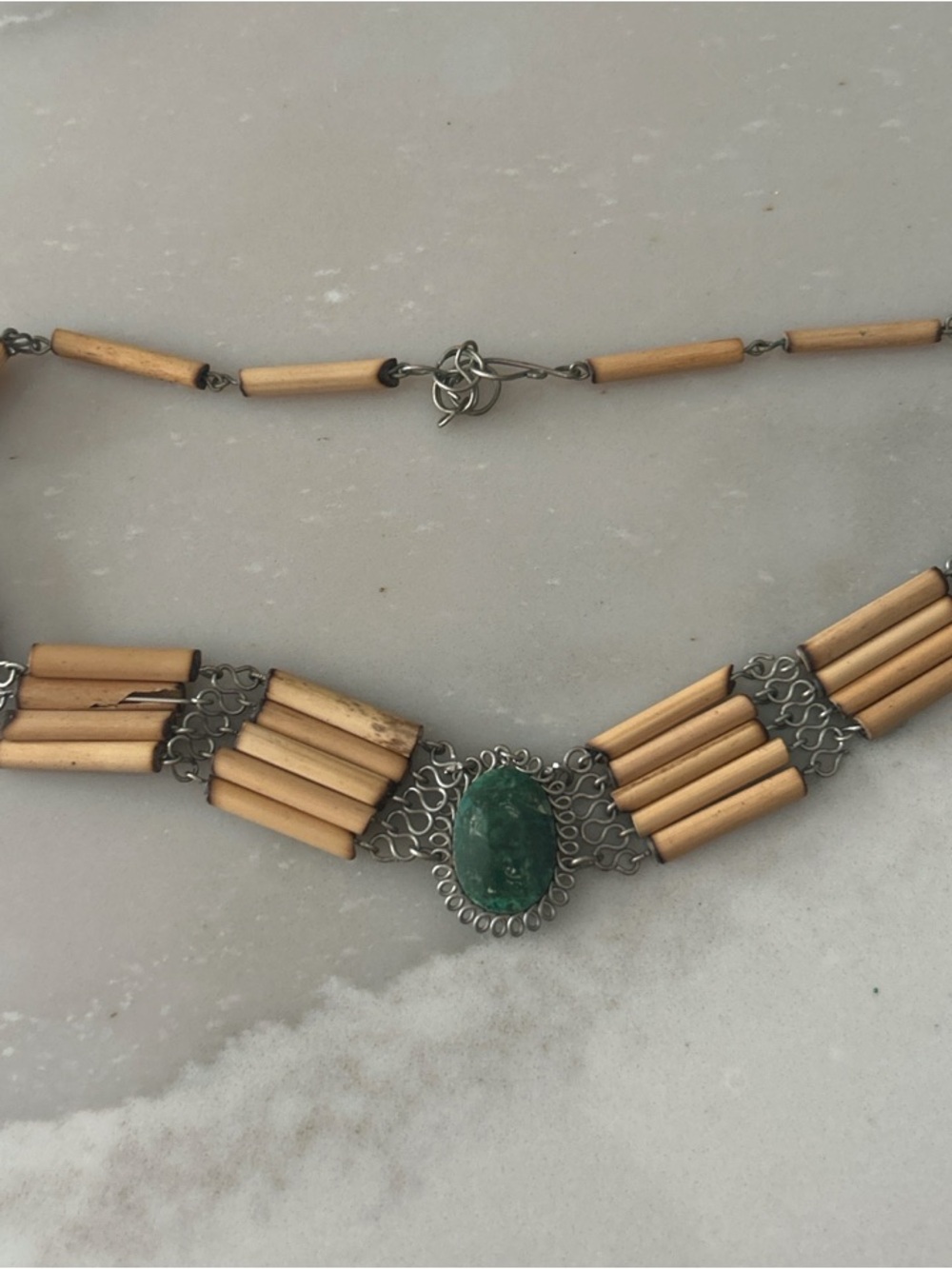 Beaded Tube Necklace with Green Stone Pendant